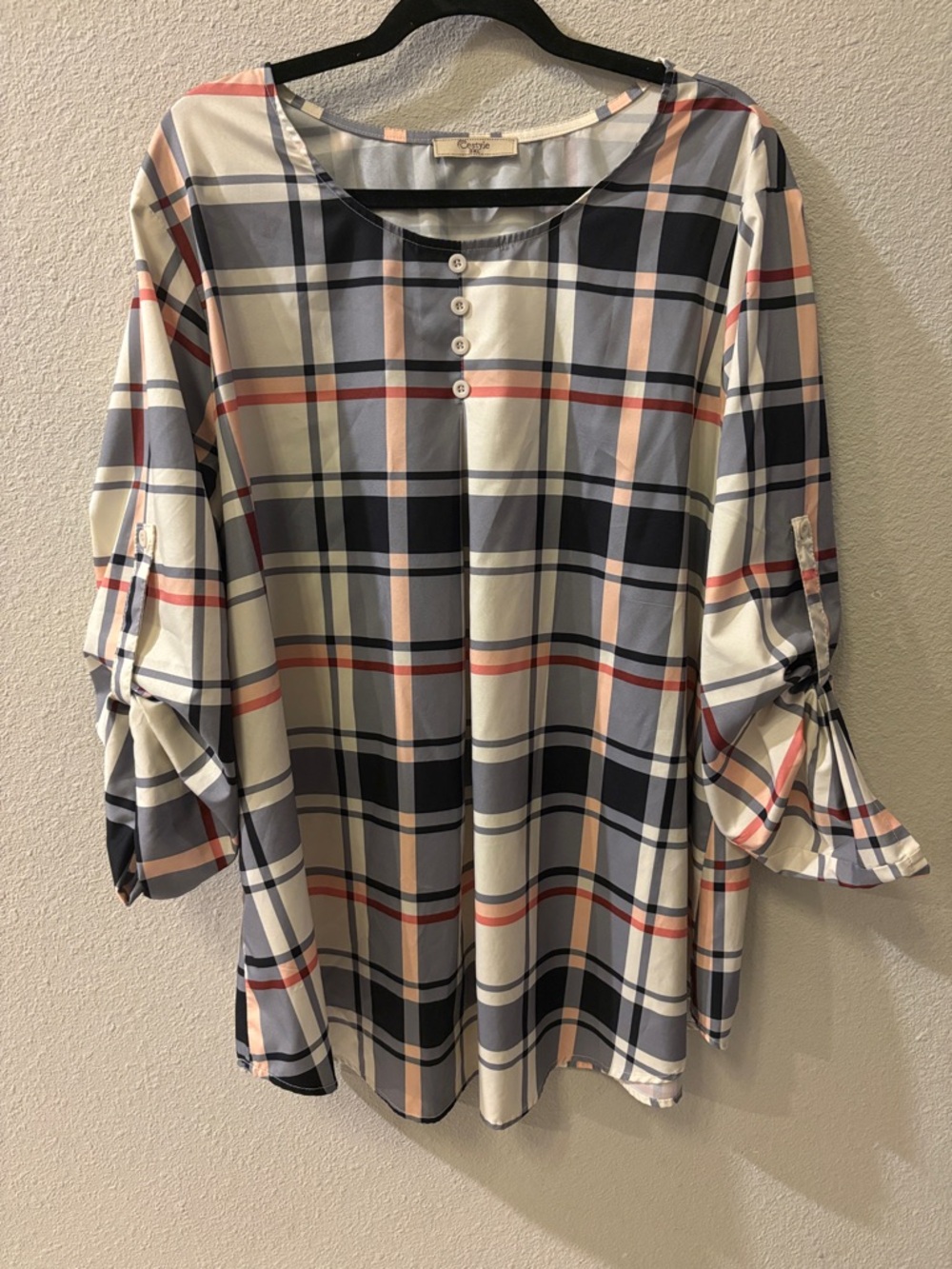 Women’s Plaid Button-Front Tunic in Navy, Cream & Blush